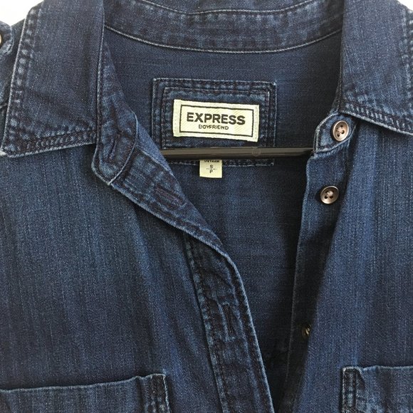Express Boyfriend Fit Dark Wash Chambray Shirt, Size Small - Picture 3 of 3